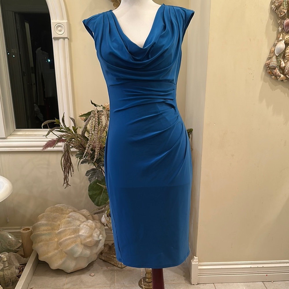 Lauren Ralph Lauren Blue Sheath Dress with Cowl Neck and Ruched Design